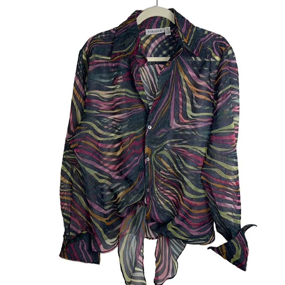 Farinaz Taghavi Womens Blouse Size 16 Multicolor Long Sleeve Tie Abstract Canada